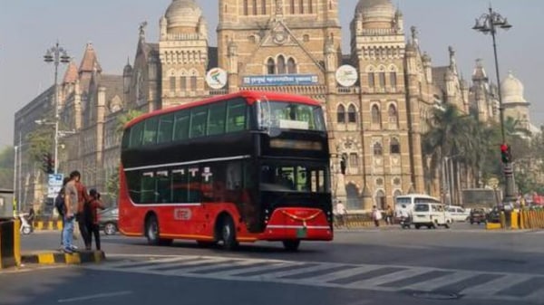 Mumbai's public transport agency, BEST, began operating a new electric double-decker bus developed by Switch Mobility from Tuesday, February 21.  (Image credit: Twitter/@Maheshsbabu)
