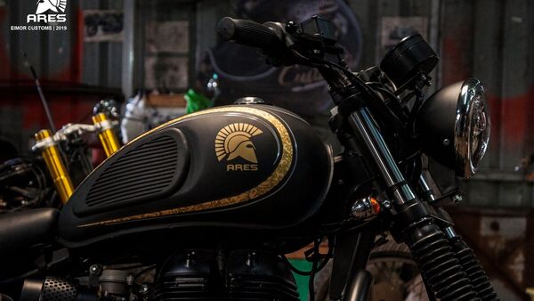Has the word Ares printed on the fuel tank.  Ares is the Greek god of war and courage. 
