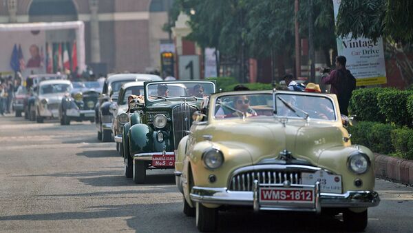 New Delhi, Feb 26 (ANI): Vintage Vehicles lineup to take part in a Vintage Car drive organized by Heritage Motoring Club of India at Major Dhayan Chand stadium, in New Delhi on Sunday. (ANI Photo) (Ayush Chopra)