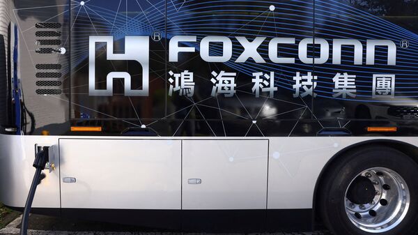 FILE PHOTO: The Foxconn logo is pictured on a Foxtron Model T eBus at the company's headquarters in New Taipei City, Taiwan.  (Reuters)
