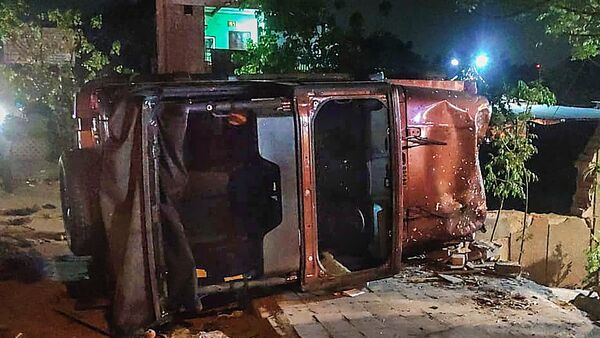 New Delhi: Wreckage of a car after a collision between three cars and three vending carts, at Vasant Vihar area in New Delhi. (PTI)
