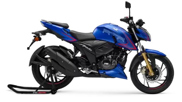 A look at the side profile of TVS Apache RTR 200 4V in Matte Blue paint scheme.