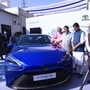 Union Minister Nitin Gadkari poses with Toyota Mirai, India's first hydrogen powered Fuel Cell Electric Vehicle (FCEV). 