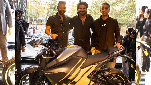 Dulquer Salmaan (middle) with Ultraviolette co-founders Narayan Subramaniam (left) and Niraj Rajmohan (right) 