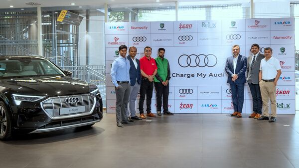     Left to Right: Gutha Venkata Saiveer Reddy, Founder and CEO, LionCharge, KP Karthikeyan, Managing Director, Zeon Charging, Kartikey Hariyani, Founder and CEO, Chargezone, Karthikeyan S, Managing Director, Relux Electric, Balbir Singh Dhillon , Head of Audi India, Subhash Chander, CEO, Aargo EV Smart, Ravikiran Annaswamy, CEO and Co-Founder, Numocity Technologies