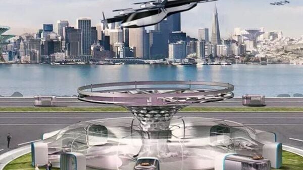 A vision image of a vertiport presented by Urban Air Mobility Division of Hyundai Motor Group.