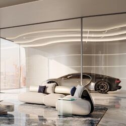 A special capsule lift in the Bugatti residences in Dubai bring up the supercars straight from the garage to the living room.