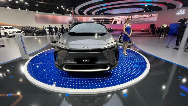 The Toyota bZ4X at the 2023 Auto Expo. The Toyota bZ4X at the 2023 Auto Expo.
