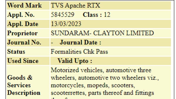 TVS Motor Company has filed a trademark for Apache RTX nameplate.