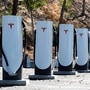 Electric car chargers at a Tesla Supercharging station in Carlsbad, California. (REUTERS)