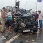 The remains of the TUV after it collided head-on with a school bus on the Delhi-Meerut Expressway. (Sakib Ali/ HT )