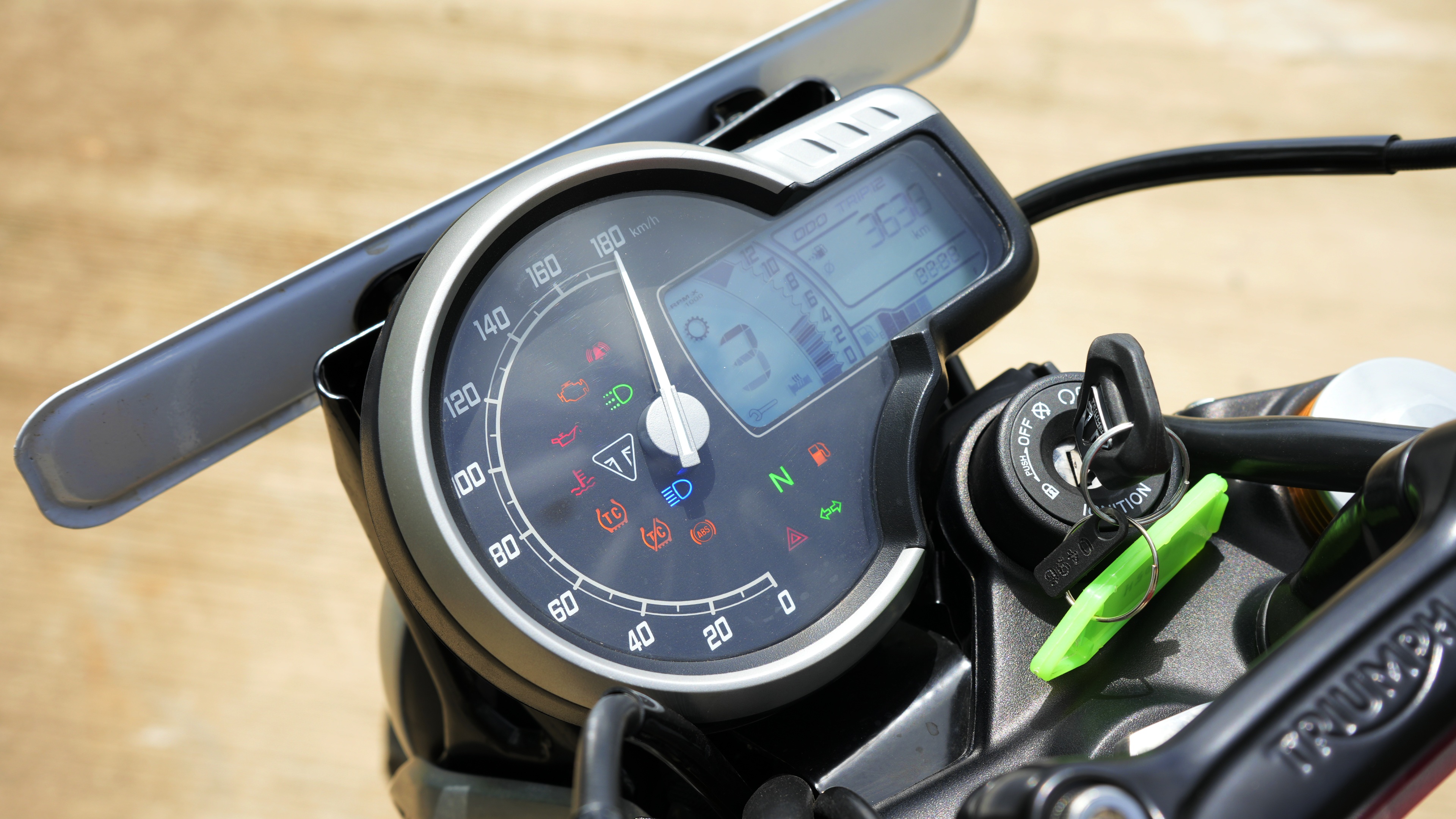 The instrument console's layout takes a bit of time getting used to but is packed with all the essential information and tell tale lights Triumph Speed 400 Review