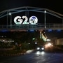 The  illuminated G20 logo installed at the Pragati Maidan as part of the G20 Summit preparations in New Delhi. (Vipin Kumar/Hindustan Times)