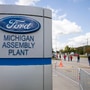 United Auto Workers members strike at the Ford Michigan Assembly Plant on September 15. This is the first time in history that the UAW is striking all three of the Big Three auto makers, Ford, General Motors, and Stellantis, at the same time. (Getty Images via AFP)
