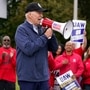 US President Joe Biden joins striking United Auto Workers on the picket line. (AP)