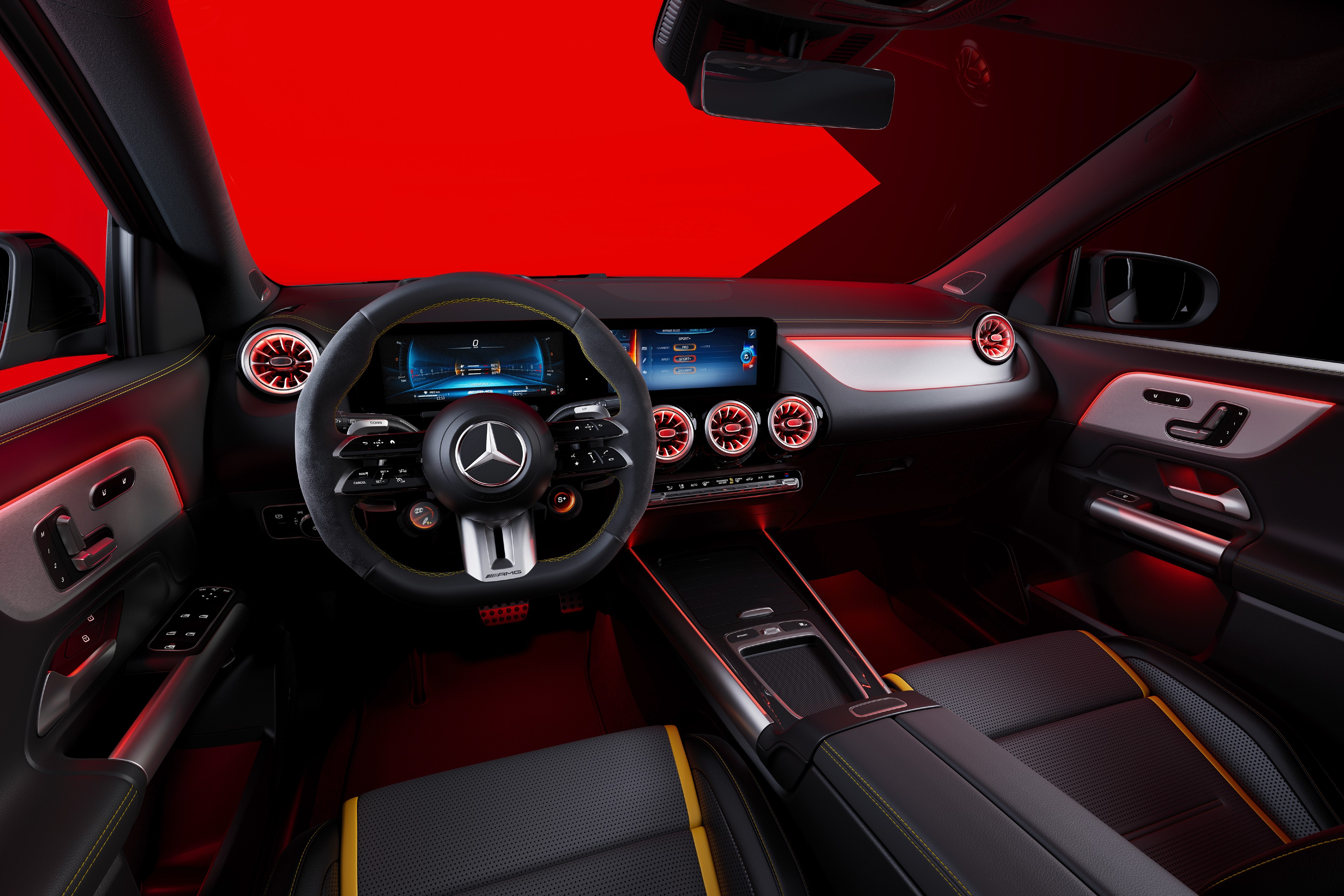 The cabin gets the new AMG Performance steering wheel, new upholstery, updated MBUX UI and more