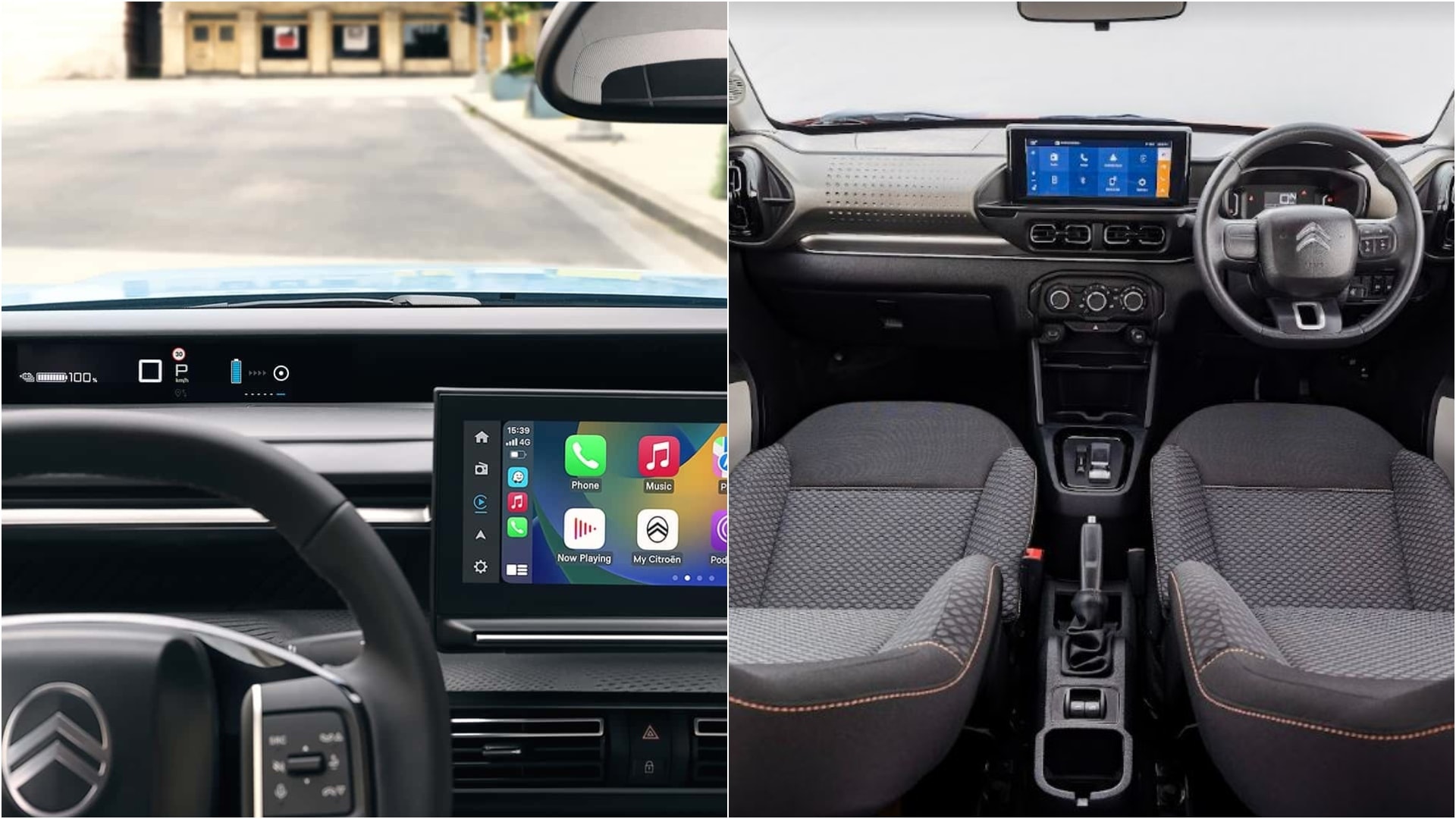 The Citroen e-C3 in Europe gets a more upmarket cabin, while the Indian version is more archaic. Both use a 10.25-inch touchscreen infotainment system Citroen e-C3 India vs Europe