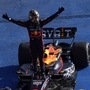 Red Bull driver Max Verstappen of the Netherlands celebrates after winning the Formula One Mexico Grand Prix auto race at the Hermanos Rodriguez racetrack in Mexico City on October 29, 2023. (AP)