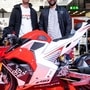 The European-spec Ultraviolette F77 at EICMA 2023 with co-founders Narayan Subramaniam and Niraj Rajmohan