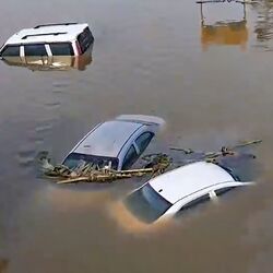 A drone visual shows an area that is flooded after the landfall of Cyclone Michaung in Chennai, submerging several vehicles in the city.