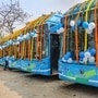 Delhi received 350 new electric buses, seen parked at Sarai Kale Khan bus stand during their flag off ceremony on Wednesday, February 14, 2024. Delhi now has 1,650 electric buses operating in the city, the highest among all cities in India. (PTI)