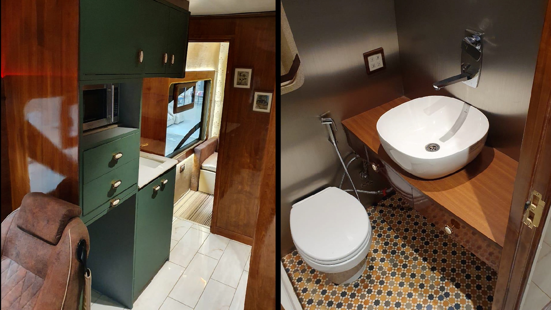 A glimpse of the interior complete with modern amenities including a washroom with western toilet and a separate shower area. Bharat Benz RV