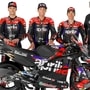 Aprilia Racing's Romano Albesiano and Massimo Rivola with riders Lorenzo Savadori, Aleix Espargaro, and Maverick Vinales