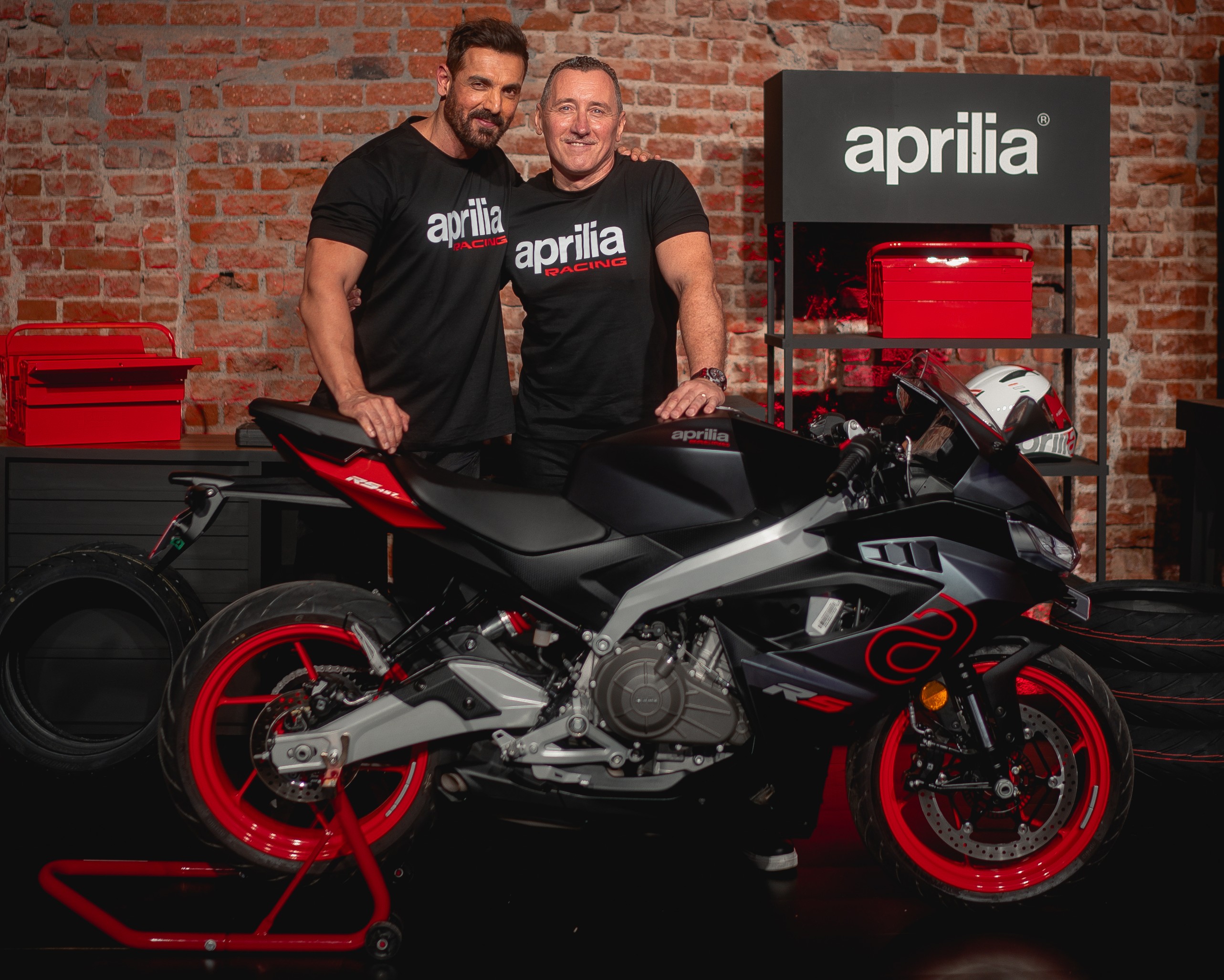 (L-R) John Abraham with Diego Graffi, Chairman and MD - Piaggio Vehicles Pvt. Ltd. at the launch of the 2024 Aprilia superbike range