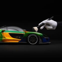 The McLaren Senna replica scale model is built using reworked CAD designs, paint codes and material specifications provided by McLaren Automotive.