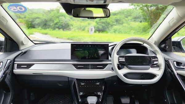 A close look at the dashboard layout inside the Tata Curvv EV. The dual-colour theme does a good job to give the cabin an upmarket feel even though hard plastics have been used quite generously as well.