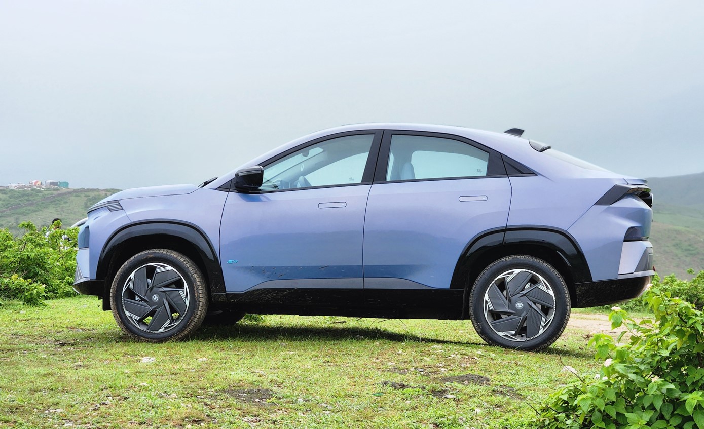 The sloping roofline is the most distinct design element on the outside of the Tata Curvv EV.