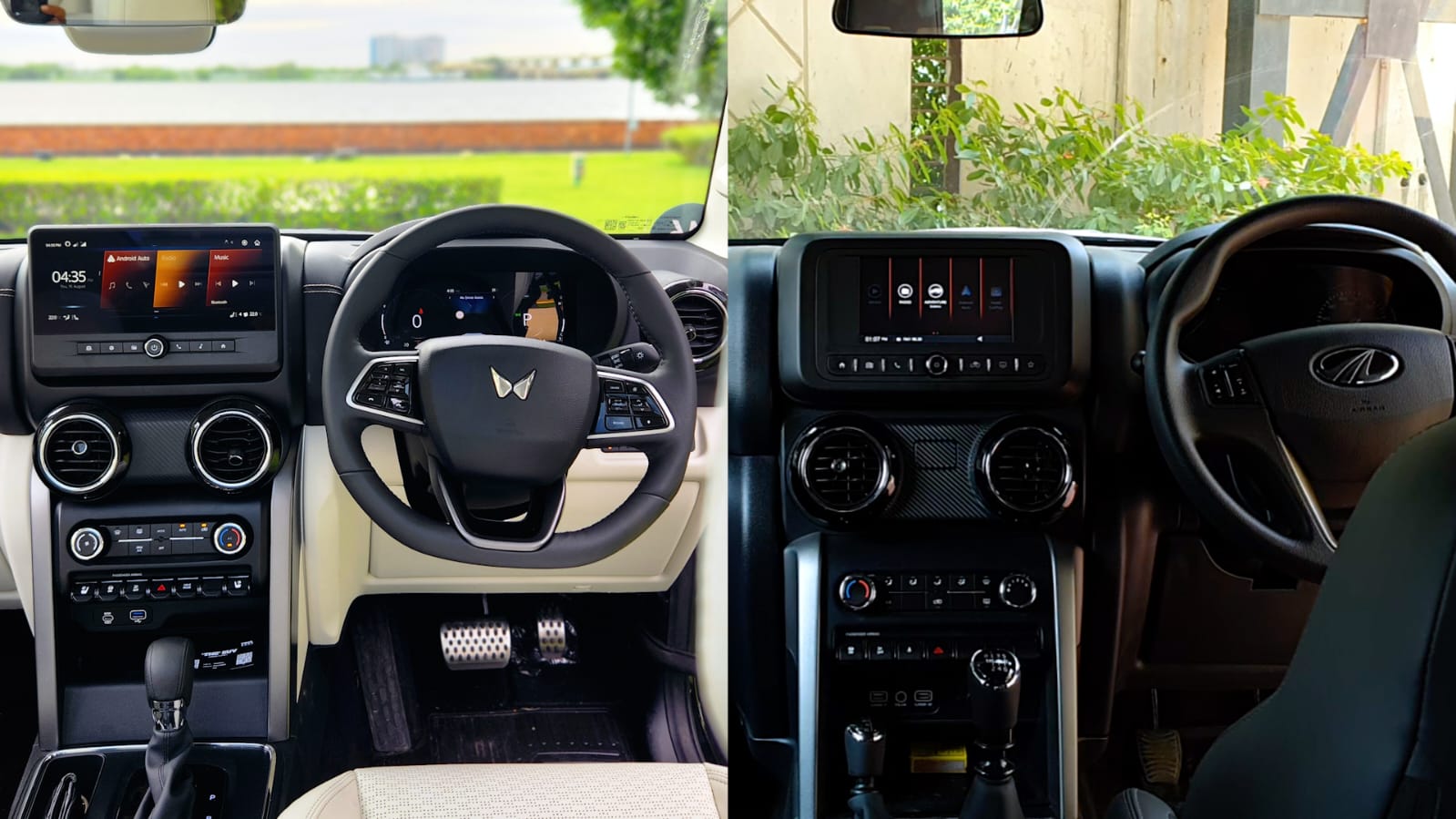 The infotainment screen and steering wheel setup are the two main differences for the driver and front passenger, among many others, between the Thar Roxx (left) and Thar.