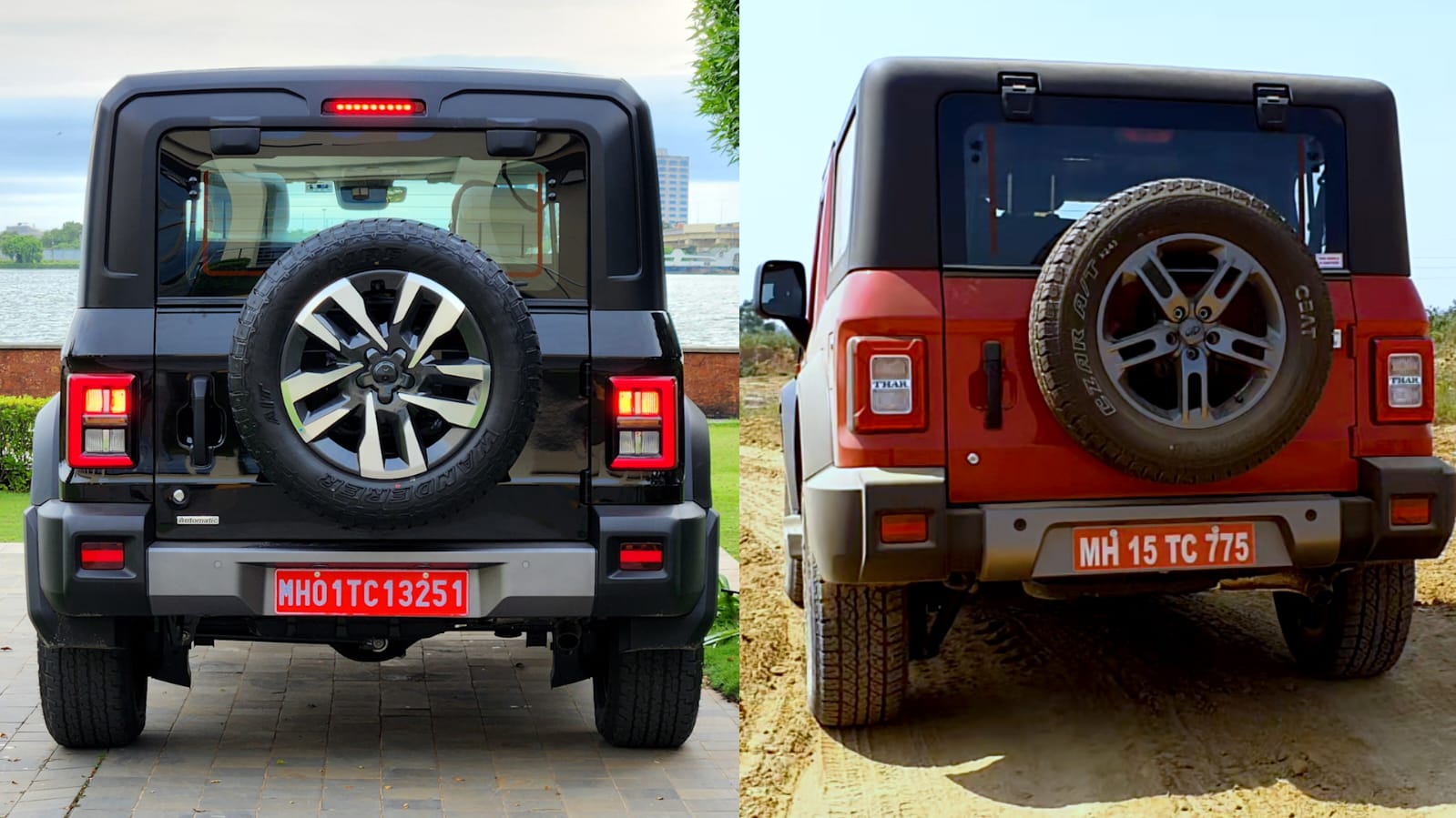 The new alloy design on the Thar Roxx (left) is the biggest giveaway from the back that this is the newer version of the Mahindra SUV. There are other giveaways too, however, lie the tail-light design and the change in the brake light at the top.