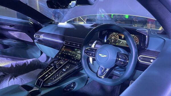 The cabin of the new Vantage is dressed up in hand-stitched Bridge of Weir leather hide and features the latest 10.25-inch infotainment system from Aston Martin. The cabin of the new Vantage is dressed up in hand-stitched Bridge of Weir leather hide and features the latest 10.25-inch infotainment system from Aston Martin.