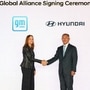 (L-R) Mary Barra, Chair and CEO - GM and Chair Euisun Chung - Group Executive, Hyundai Motor at the signing of the MoU
