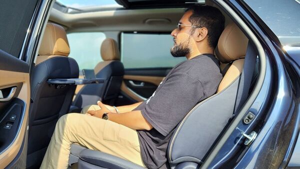 The second row of seats inside the Hyundai Alcazar is fairly comfortable with wing-type headrests, side bolstering on the seats and impressive under-thigh support that can be manually extended.