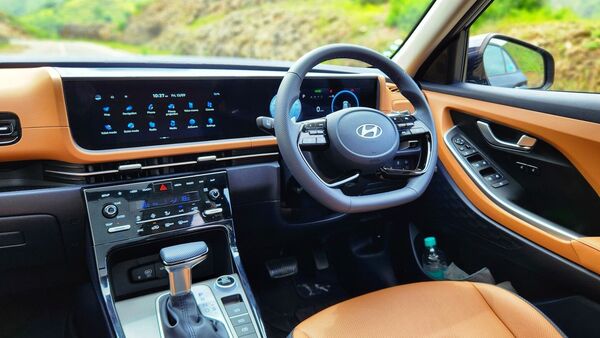 The tan finish on the seats and the dashboard lend the latest Hyundai Alcazar a very upmarket appeal.