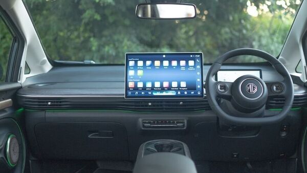 A mammoth 15.6-inch main infotainment screen inside Windsor EV manages to dwarf everything else on the dashboard. The 8.8-inch driver display has been taken from the Comet and so has the steering. A mammoth 15.6-inch main infotainment screen inside Windsor EV manages to dwarf everything else on the dashboard. The 8.8-inch driver display has been taken from the Comet and so has the steering.