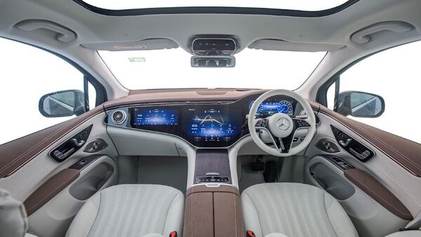 Inside the cabin is where Mercedes has gone above and beyond. Here is a closer look at the dashboard layout inside the Mercedes EQS SUV. A triple-screen unit may feel a bit too overwhelming but as a flagship, this model has to show off a bit, right? There are two upholstery colour options and the fit and finish of everything inside is extremely precise, very premium.