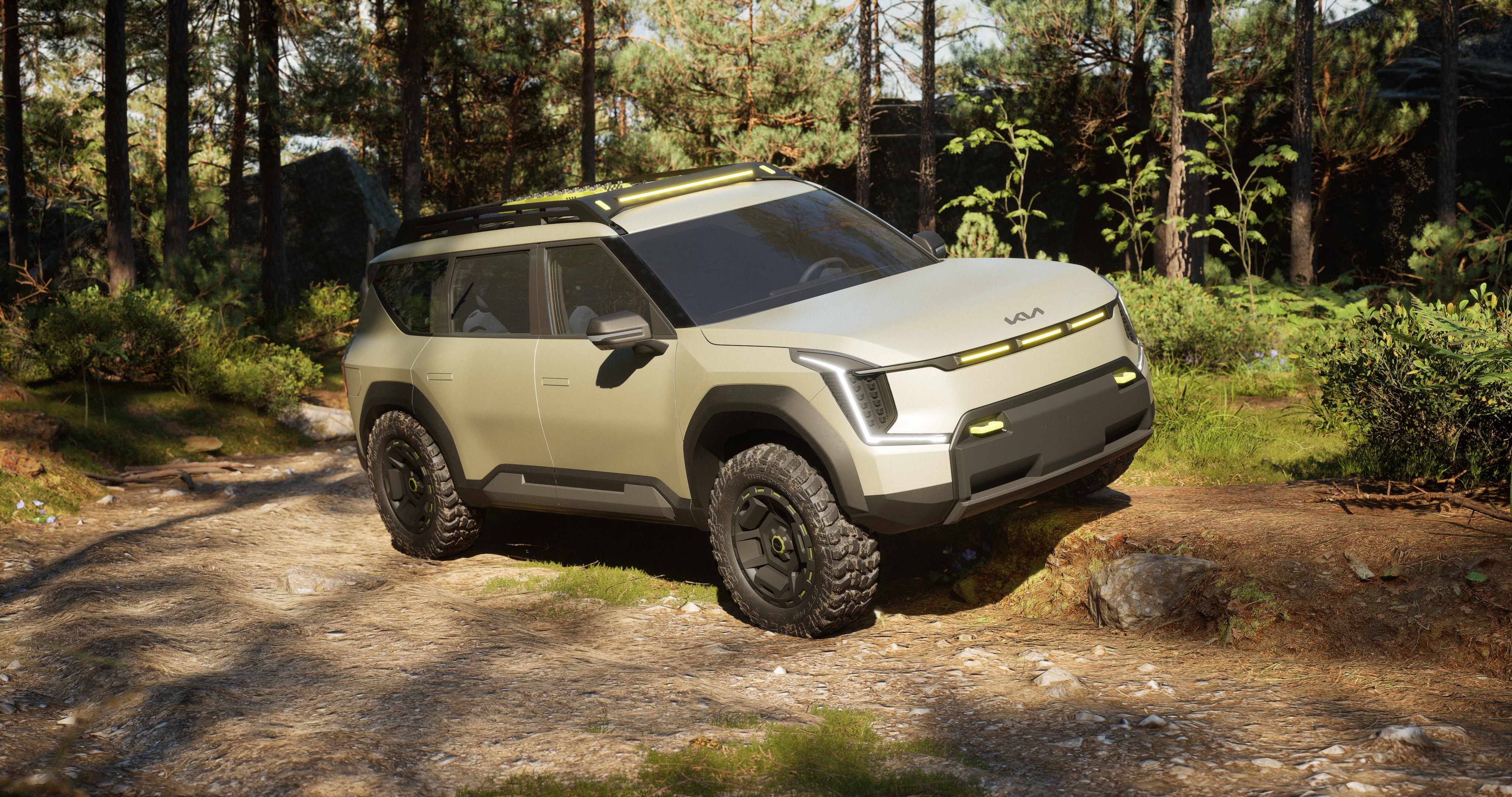 The Kia EV9 ADVNTR gets custom front and rear fascias and is reinforced with thick rocker panels and black wheel arch cladding. The concept lifts the electric SUV by three inches over its standard, production version. 