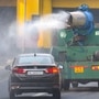 An anti-smog vehicle seen sprinkling water to mitigate pollution in Delhi. The national capital is currently under grip of severe pollution as air quality index hovering around very poor levels. To reduce carbon emission, Delhi Police has cracked down on vehicles plying without pollution under control certificates. (Shrikant Singh)