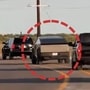 Screenshot taken from a video posted on X shows a Tesla Cybertruck in a sea of Chevrolets charged with transporting Donald Trump for a SpaceX launch in Texas.