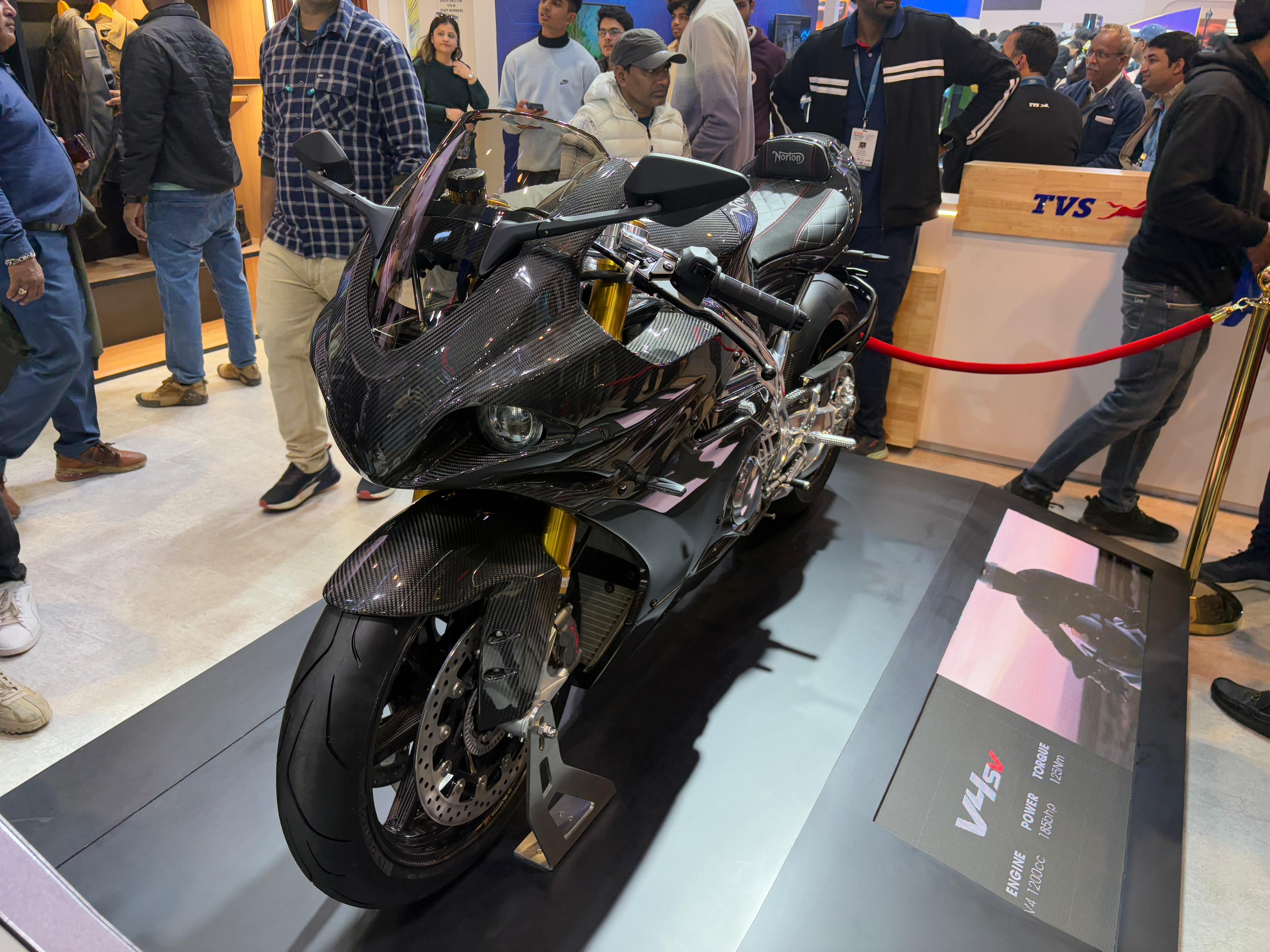 The Norton V4SV showcased at the TVS pavilion earlier this year during the Bharat Mobility Global Expo 2025 Norton V4SV Bharat Mobility 2025