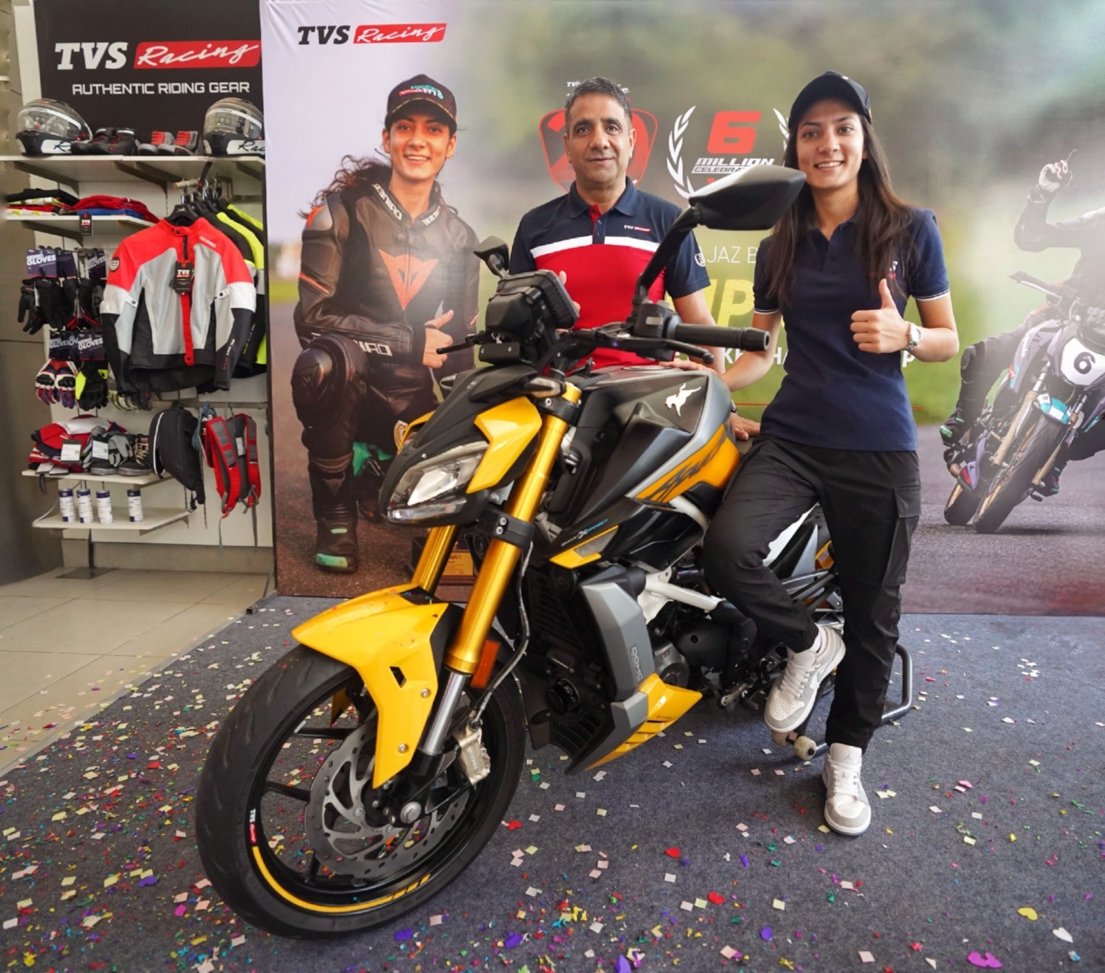 TVS recently gifted Saimah the Apache RTR 310 streetfighter for winning the One Make Championship Saimah Baig TVS Apache RTR 310