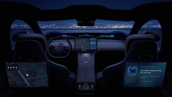 A look at the interior of the Xiaomi YU7. It comes with a panoramic sunroof and all occupants get their own screens.
