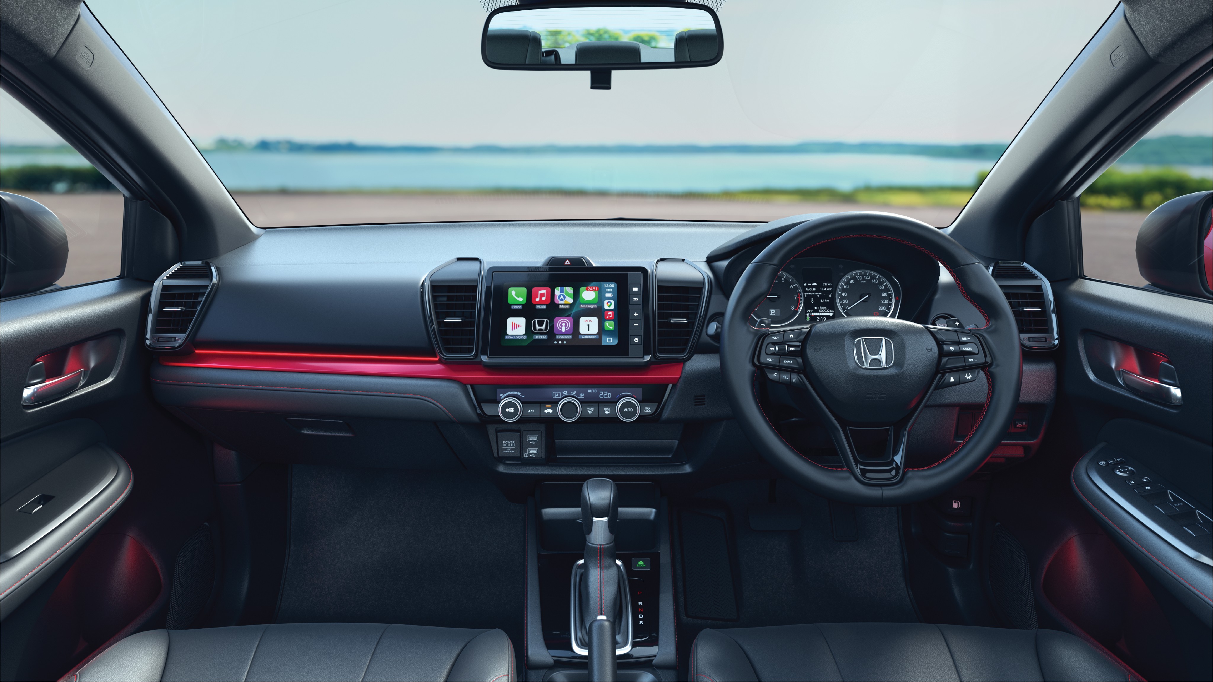 The cabin gets an all-black interior with leatherette upholstery and contrast red stitching. The dashboard also gets a red garnish for a vibrant look Honda City Sport Edition
