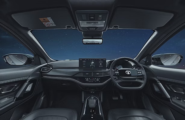 The interior of the Tata Harrier EV Stealth edition gets a completely blacked-out appearance. Tata Harrier EV Stealth Interior