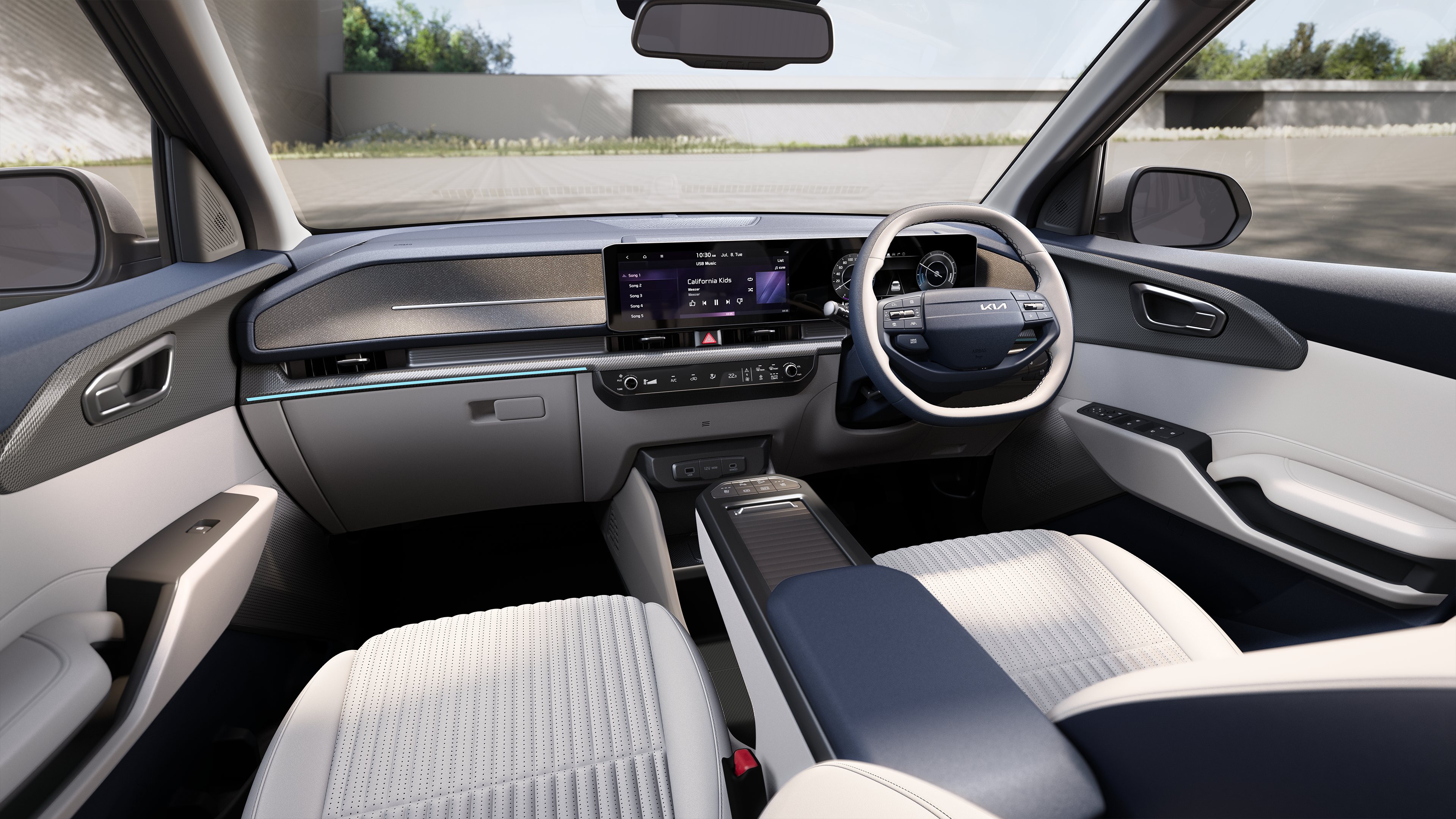 The cabin is identical to the ICE Carens Clavis, but the gear shifter has moved to the steering column, from the centre console Kia Carens Clavis EV