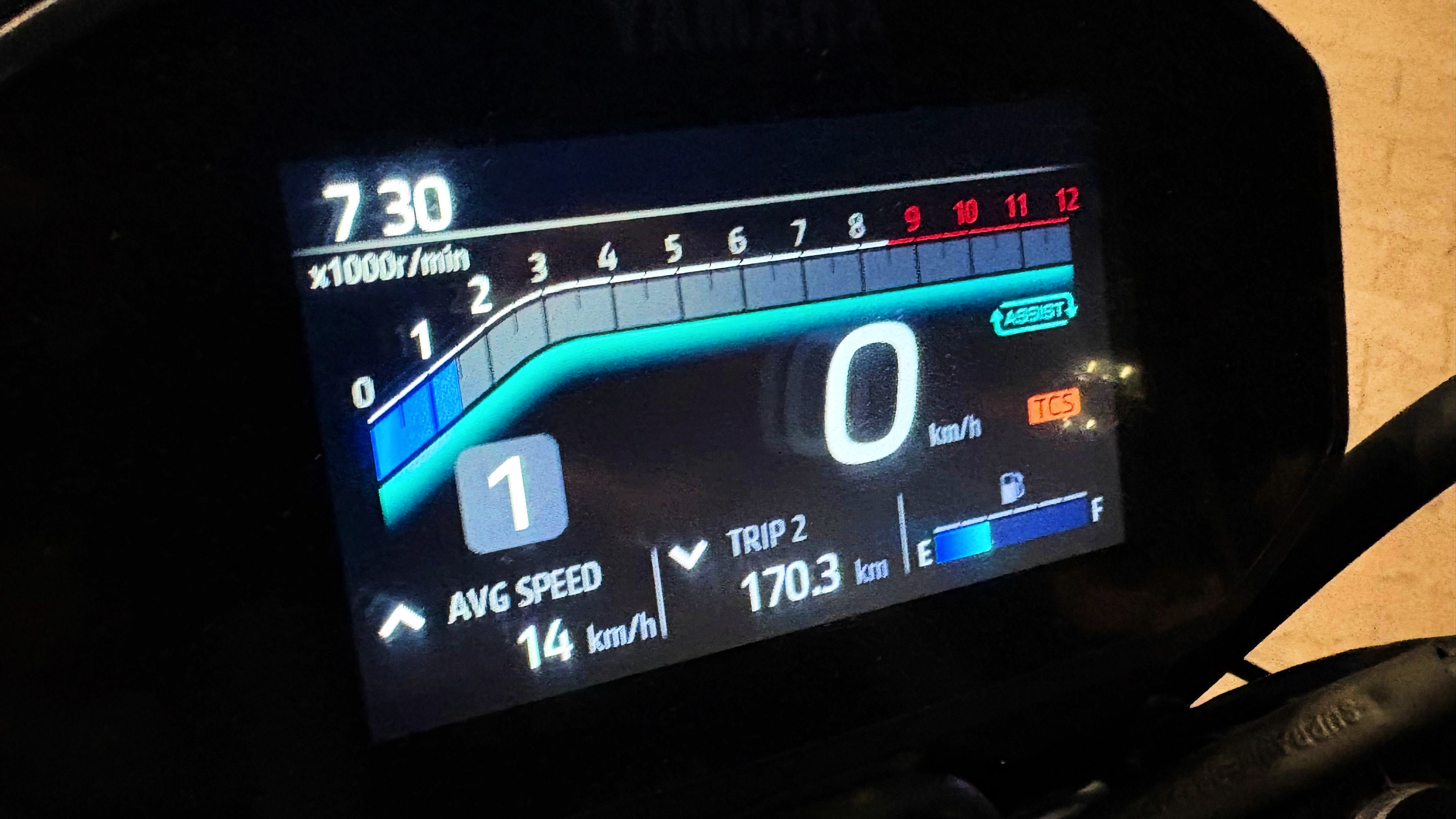 The display shows when the assist function kicks in for improved acceleration to lower rpms 2025 Yamaha FZS Hybrid Review