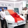 The first unit of the Tesla Model Y has been delivered to Pratap Sarnaik, the Transport Minister of Maharashtra (ANI)